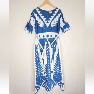 Farm Rio Blue Embroidered Patchwork Maxi Dress Size XL Womens
